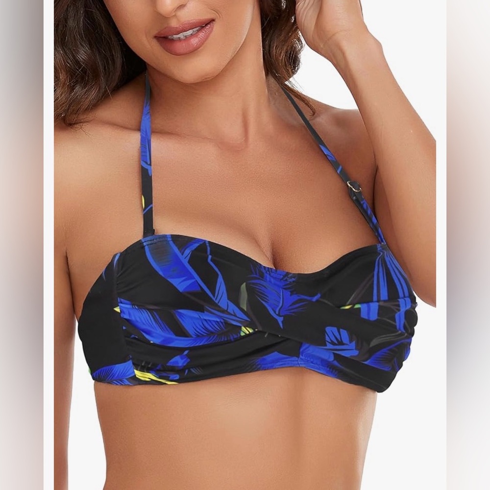 Ocean Blues  Black and Blue Leaf Print Bikini Top- various sizes